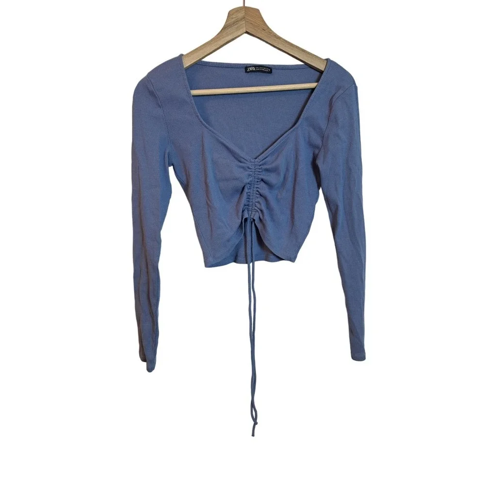 Zara Womens Top L Blue Ruched Tie Front Ribbed Crop Lounge Scoop Neck Lounge